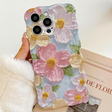 Custodia in TPU per iPhone 15 Pro Max con bordi ondulati e pittura a olio - Fiori