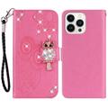 iPhone 15 Pro Custodia portafoglio con strass gufo - Rosa Neon