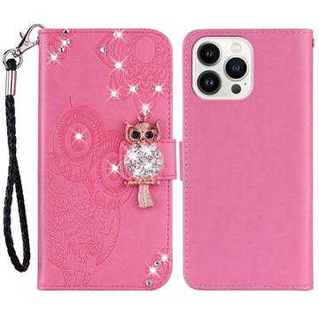 iPhone 15 Pro Custodia portafoglio con strass gufo - Rosa Neon