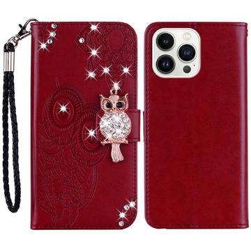 Custodia per portafoglio iPhone 15 Pro con strass di gufo - Rosso