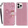 iPhone 15 Pro Custodia portafoglio con strass gufo - Oro rosa