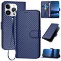 iPhone 15 Pro Custodia Premium a portafoglio con cinturino - Struttura in fibra di carbonio - Blu carbonio