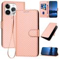 iPhone 15 Pro Custodia Premium a portafoglio con cinturino - Struttura in fibra di carbonio - Rosa carbone