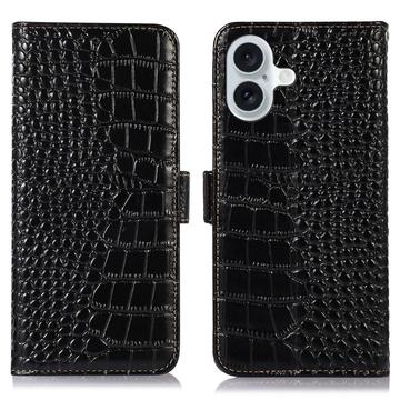 Custodia in Pelle a Portafoglio Serie Crocodile con RFID per iPhone 16 - Nera