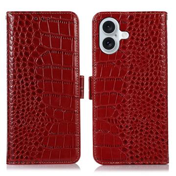 Custodia in Pelle a Portafoglio Serie Crocodile con RFID per iPhone 16 - Rossa