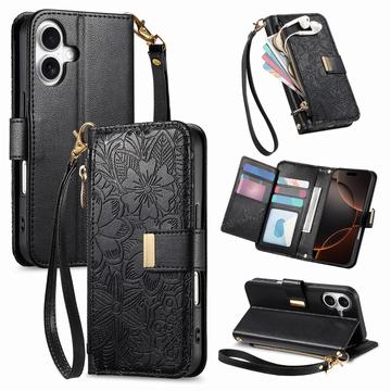 iPhone 16 Custodia a portafoglio con motivo floreale e foglie, tasca con cerniera e cinturino da polso
