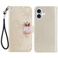 iPhone 16 Custodia portafoglio con strass gufo - Oro