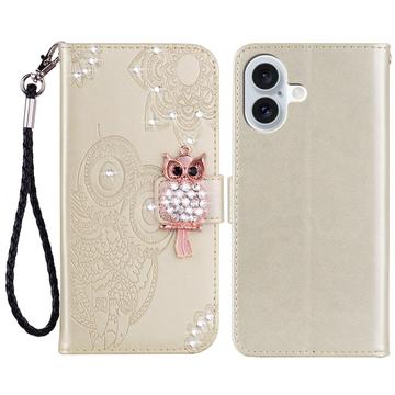 iPhone 16 Custodia portafoglio con strass gufo - Oro