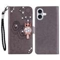 iPhone 16 Custodia portafoglio con strass gufo - Grigio