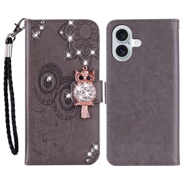 iPhone 16 Custodia portafoglio con strass gufo - Grigio