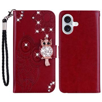 Custodia per portafoglio iPhone 16 con strass di gufo - Rosso