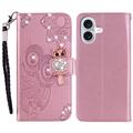 iPhone 16 Custodia portafoglio con strass gufo - Oro rosa