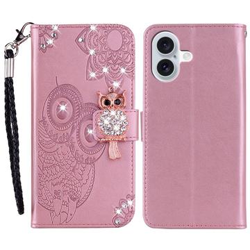iPhone 16 Custodia portafoglio con strass gufo - Oro rosa