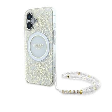 Custodia con cinturino perlato iPhone 16 Plus Guess IML Flowers Allover Electro - Compatibile con MagSafe - Bianca