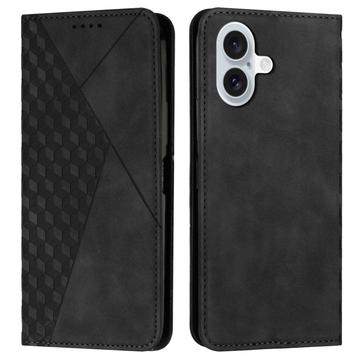 Custodia a portafoglio con motivo a rombi e chiusura magnetica per iPhone 16 Plus - Nera