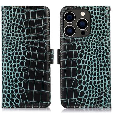 Custodia in Pelle a Portafoglio Serie Crocodile con RFID per iPhone 16 Pro - Verde