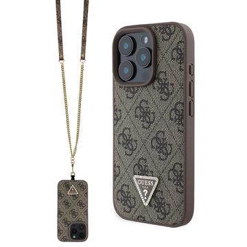Custodia Guess 4G Strass Triangle Metal Logo con tracolla per iPhone 16 Pro - Marrone