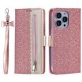 Custodia Portafoglio Lace Pattern per iPhone 16 Pro - Rosa Oro