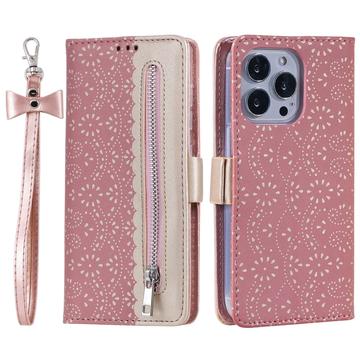 Custodia Portafoglio Lace Pattern per iPhone 16 Pro - Rosa Oro