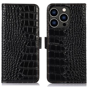 Custodia in Pelle a Portafoglio Serie Crocodile con RFID per iPhone 16 Pro Max - Nera