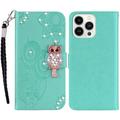 iPhone 16 Pro Max Custodia portafoglio con strass gufo - Ciano