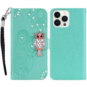 iPhone 16 Pro Max Custodia portafoglio con strass gufo - Ciano