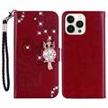 Custodia per portafoglio iPhone 16 Pro Max con strass di gufo - Rosso