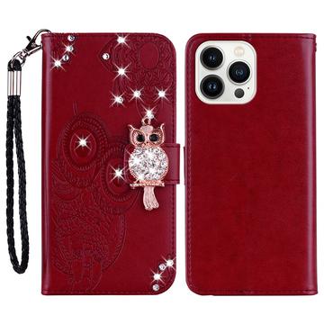 Custodia per portafoglio iPhone 16 Pro Max con strass di gufo - Rosso