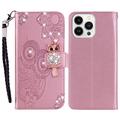 iPhone 16 Pro Max Custodia portafoglio con strass gufo - Oro rosa