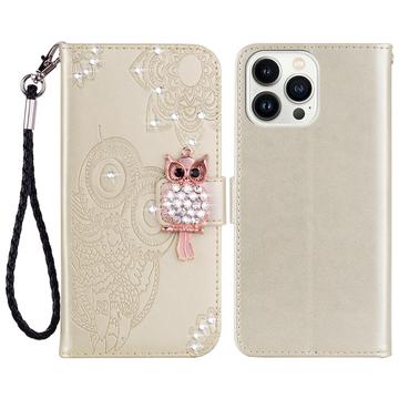 iPhone 16 Pro Custodia portafoglio con strass gufo - Oro