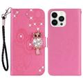 iPhone 16 Pro Custodia portafoglio con strass gufo - Rosa Neon