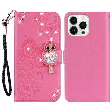 iPhone 16 Pro Custodia portafoglio con strass gufo - Rosa Neon