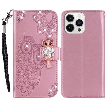iPhone 16 Pro Custodia portafoglio con strass gufo - Oro rosa