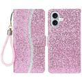 iPhone 16 Custodia a portafoglio glitterata - Rosa