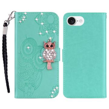 iPhone 16e Custodia portafoglio con strass gufo - Ciano