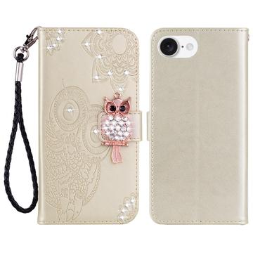 iPhone 16e Custodia portafoglio con strass gufo - Oro