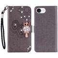 iPhone 16e/17e Custodia portafoglio con strass gufo - Grigia