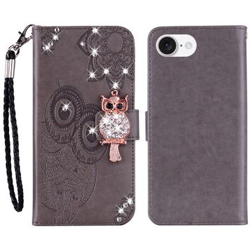 iPhone 16e Custodia portafoglio con strass gufo - Grigia