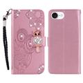 iPhone 16e Custodia portafoglio con strass gufo - Oro rosa