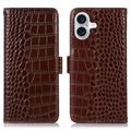 Custodia in Pelle a Portafoglio Serie Crocodile con RFID per iPhone 17 - Marrone