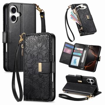 iPhone 17 Custodia a portafoglio con motivo floreale e foglie, tasca con cerniera e cinturino da polso