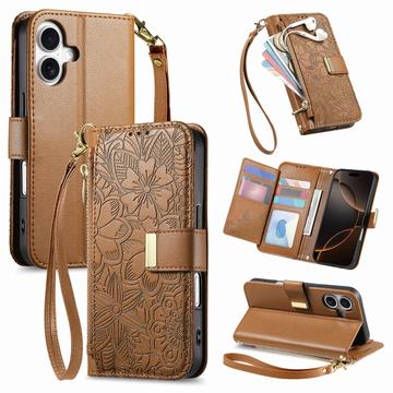 iPhone 17 Custodia a portafoglio con motivo floreale e foglie, tasca con cerniera e cinturino da polso - Marrone