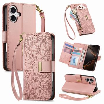 iPhone 17 Custodia a portafoglio con motivo floreale e foglie, tasca con cerniera e cinturino da polso - Rosa
