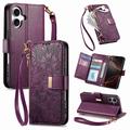iPhone 17 Custodia a portafoglio con motivo floreale e foglie, tasca con cerniera e cinturino da polso - Viola