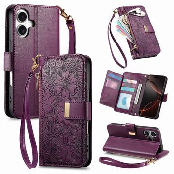 iPhone 17 Custodia a portafoglio con motivo floreale e foglie, tasca con cerniera e cinturino da polso - Viola