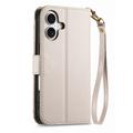 iPhone 17 Custodia a portafoglio con motivo floreale e foglie, tasca con cerniera e cinturino da polso - Bianca