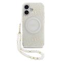 Custodia con cinturino perlato iPhone 17 Guess IML Flowers Allover Electro - Compatibile con MagSafe - Bianco