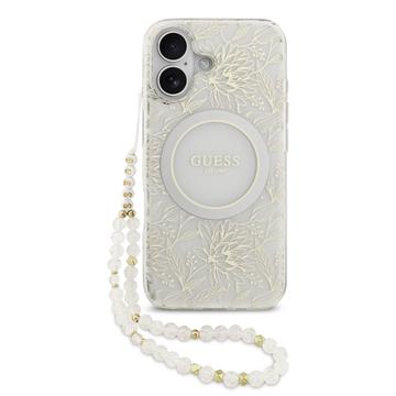 Custodia con cinturino perlato iPhone 17 Guess IML Flowers Allover Electro - Compatibile con MagSafe - Bianco