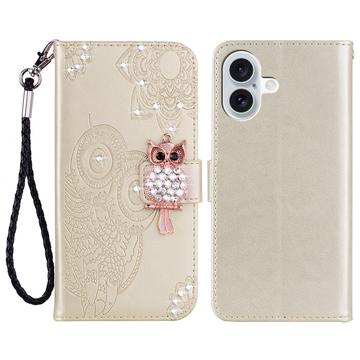 iPhone 17 Custodia portafoglio con strass gufo - Oro