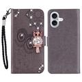 iPhone 17 Custodia portafoglio con strass gufo - Grigia